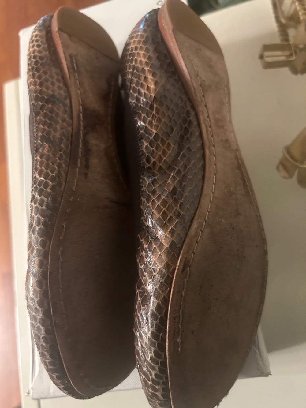 Tory Burch Brown Snake-Embossed Logo Round-Toe Flats - Picture 11 of 11